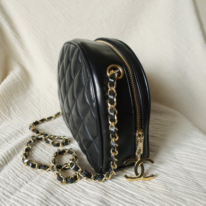Vintage Chanel Black Diamond Quilted CC Charm Half Moon 2-way Bag