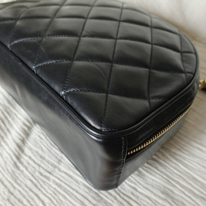 Vintage Chanel Black Diamond Quilted CC Charm Half Moon 2-way Bag