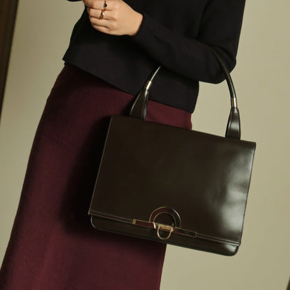 Loewe Vintage Dark Brown Leather Gancini Large Shoulder Flap Bag