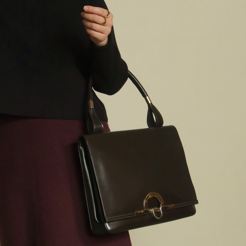 Loewe Vintage Dark Brown Leather Gancini Large Shoulder Flap Bag