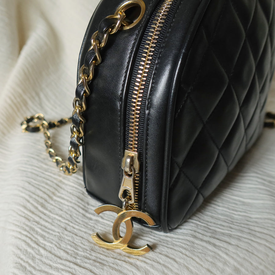 Vintage Chanel Black Diamond Quilted CC Charm Half Moon 2-way Bag
