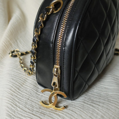 Vintage Chanel Black Diamond Quilted CC Charm Half Moon 2-way Bag