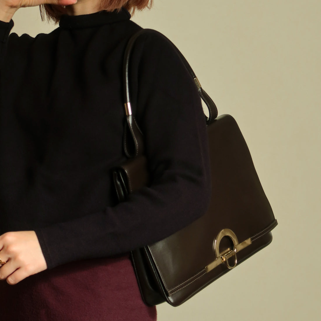 Loewe Vintage Dark Brown Leather Gancini Large Shoulder Flap Bag