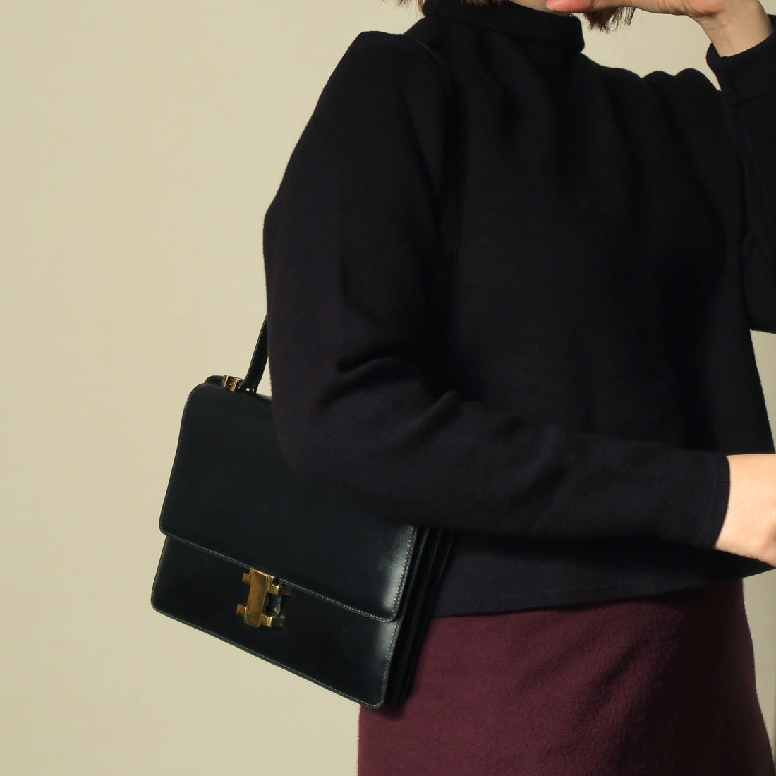 Hermès Vintage 70s Black Box Calf Leather 2 way Shoulder Clutch Bag