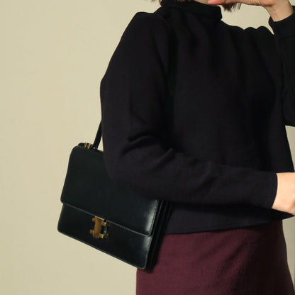 Hermès Vintage 70s Black Box Calf Leather 2 way Shoulder Clutch Bag