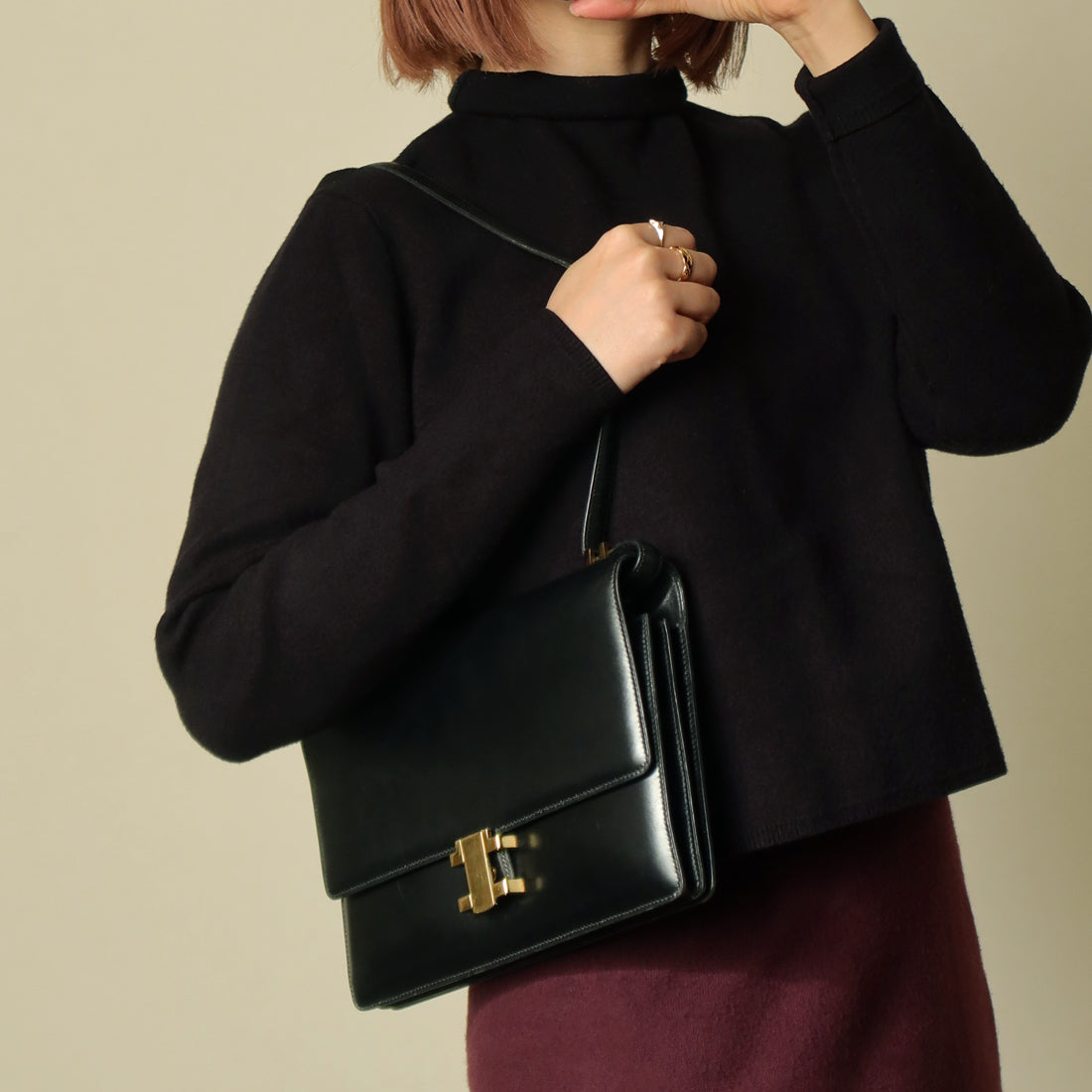 Hermès Vintage 70s Black Box Calf Leather 2 way Shoulder Clutch Bag