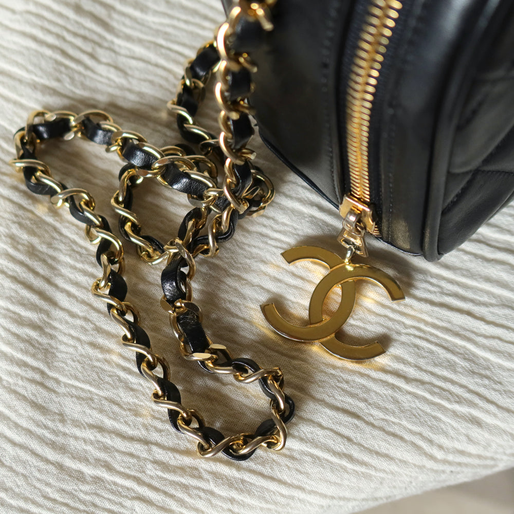 Vintage Chanel Black Diamond Quilted CC Charm Half Moon 2-way Bag