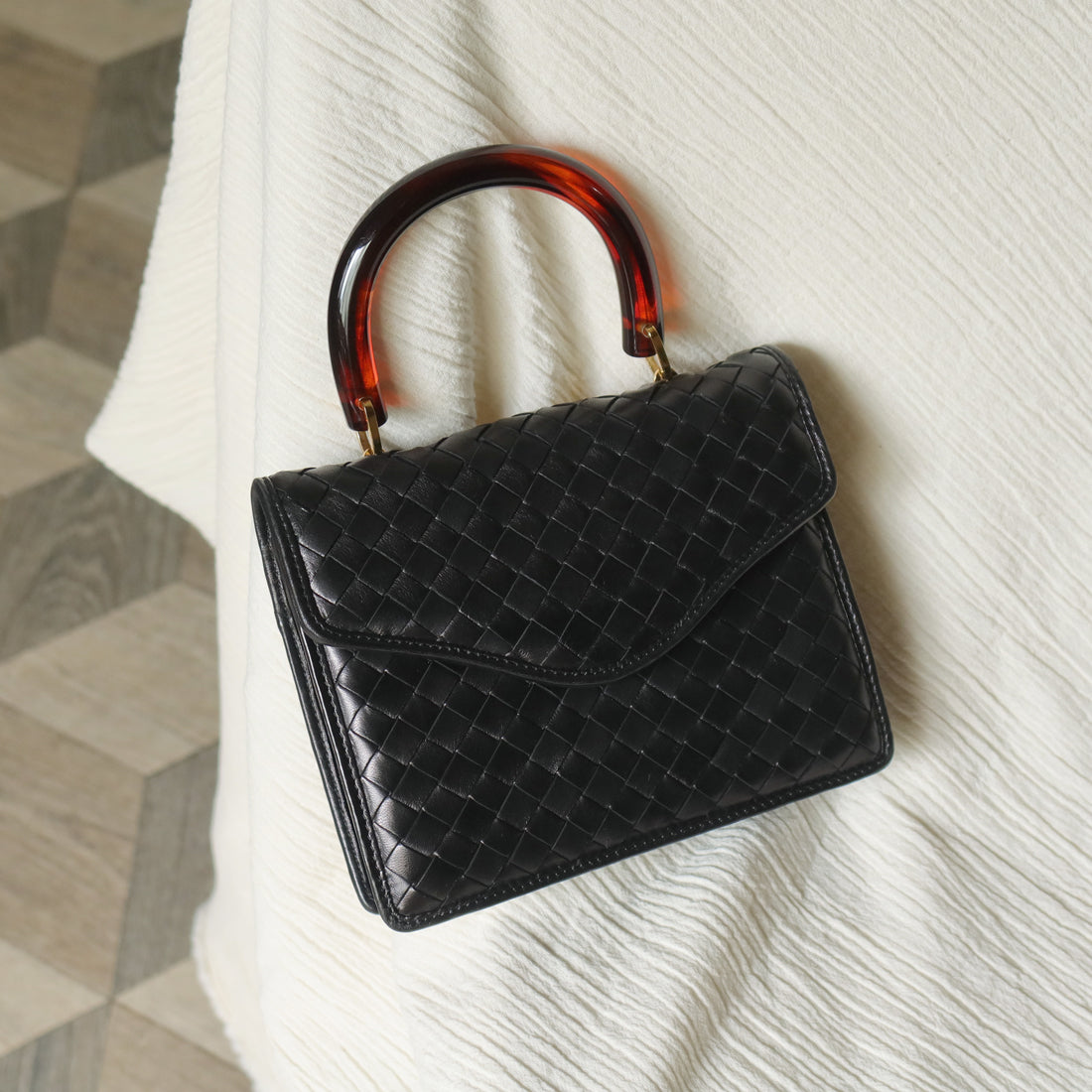 Bottega Veneta Vintage Black Intrecciato Leather 2way Mini Flap Bag