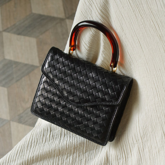 Bottega Veneta Vintage Black Intrecciato Leather 2way Mini Flap Bag