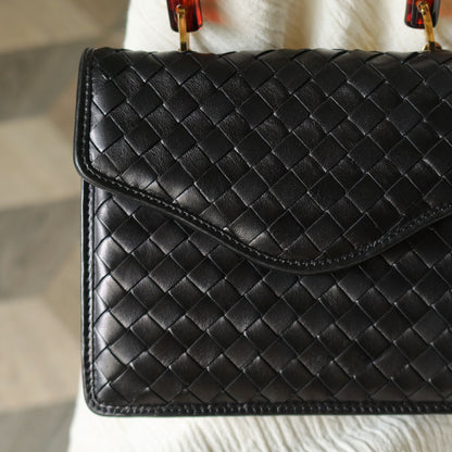 Bottega Veneta Vintage Black Intrecciato Leather 2way Mini Flap Bag