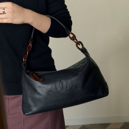 Chanel Vintage Black Caviar Leather Hobo Coco Charm Shoulder Bag M