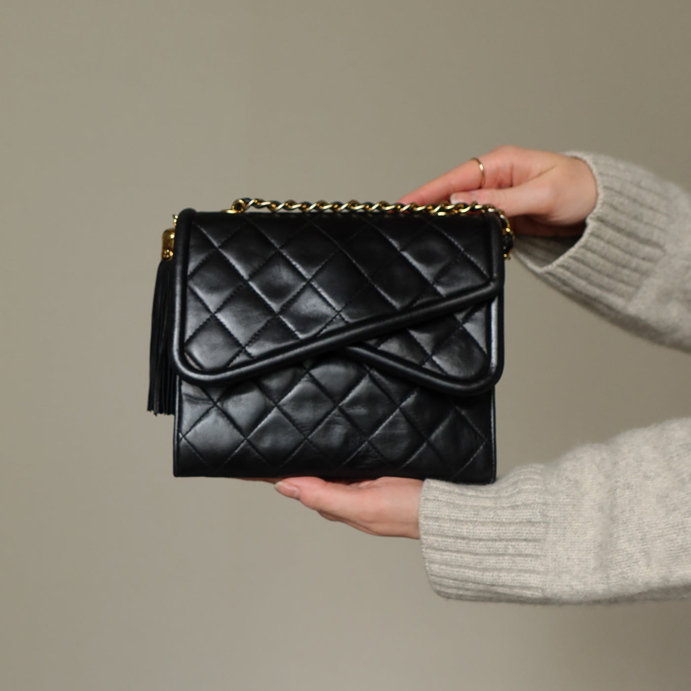 Chanel Vintage Black Lambskin Tassel Asymmetrical Double Flap Bag [3]