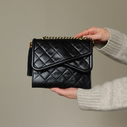 Chanel Vintage Black Lambskin Tassel Asymmetrical Double Flap Bag [3]