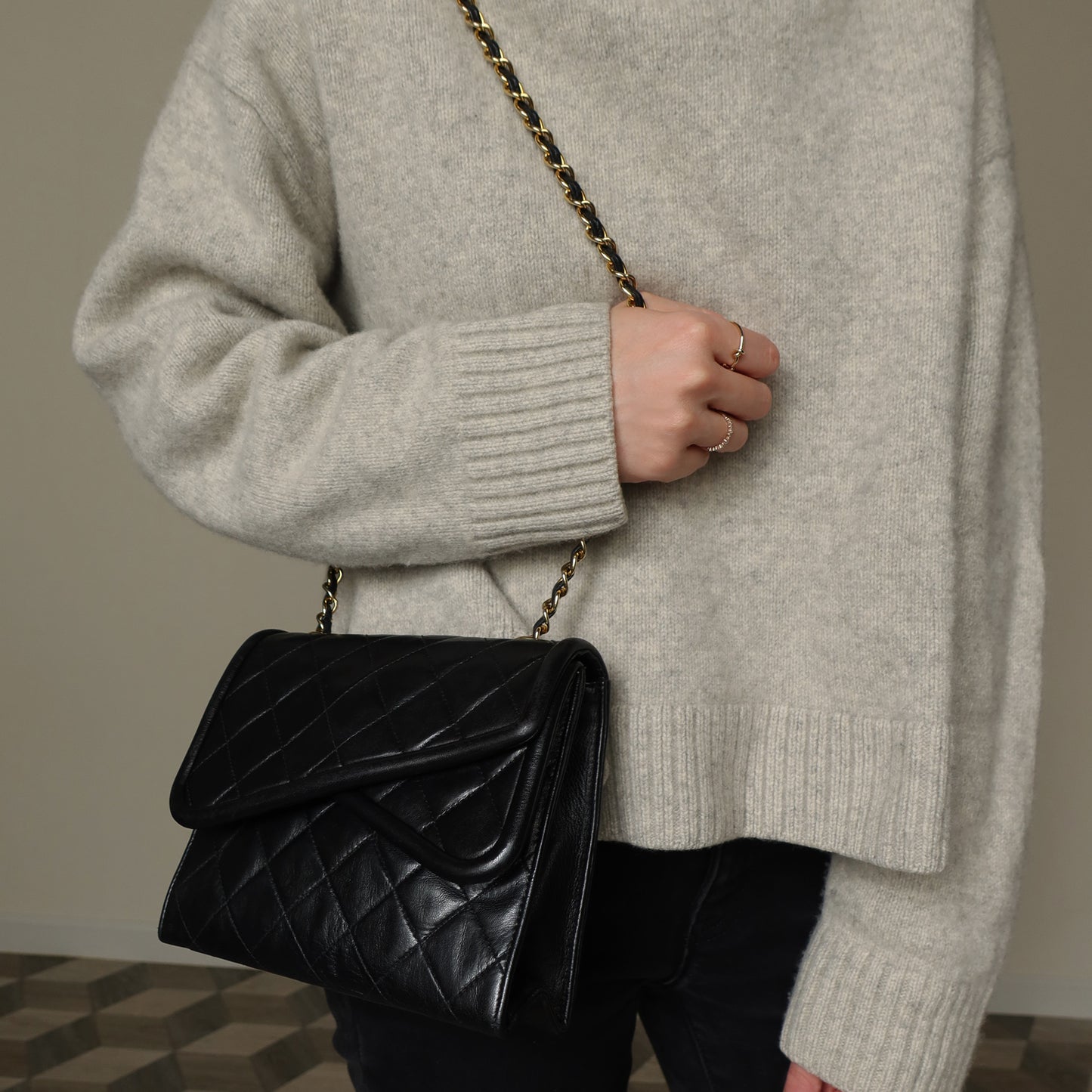 Chanel Vintage Black Lambskin Tassel Asymmetrical Double Flap Bag [3]