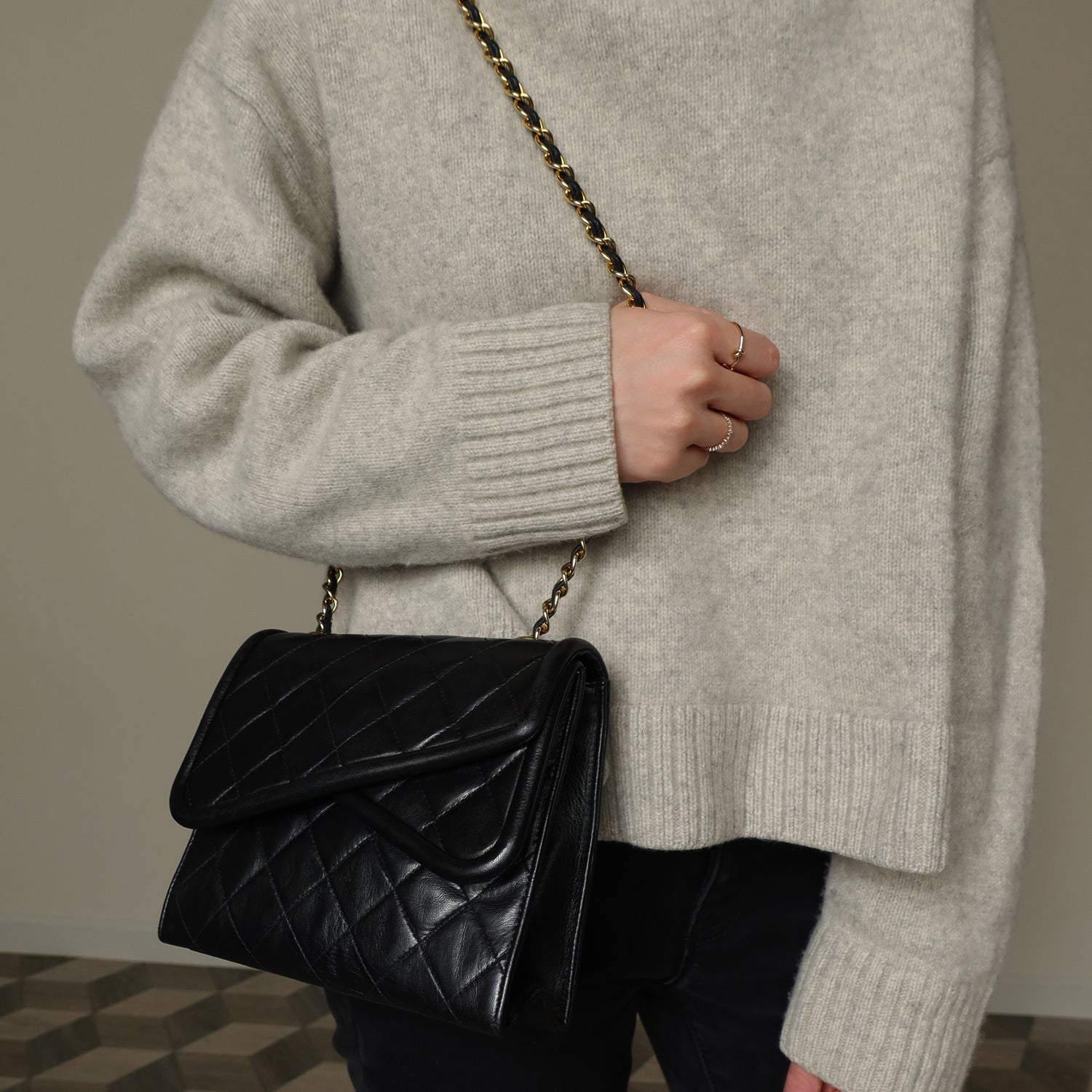 Chanel Vintage Black Lambskin Tassel Asymmetrical Double Flap Bag [3]