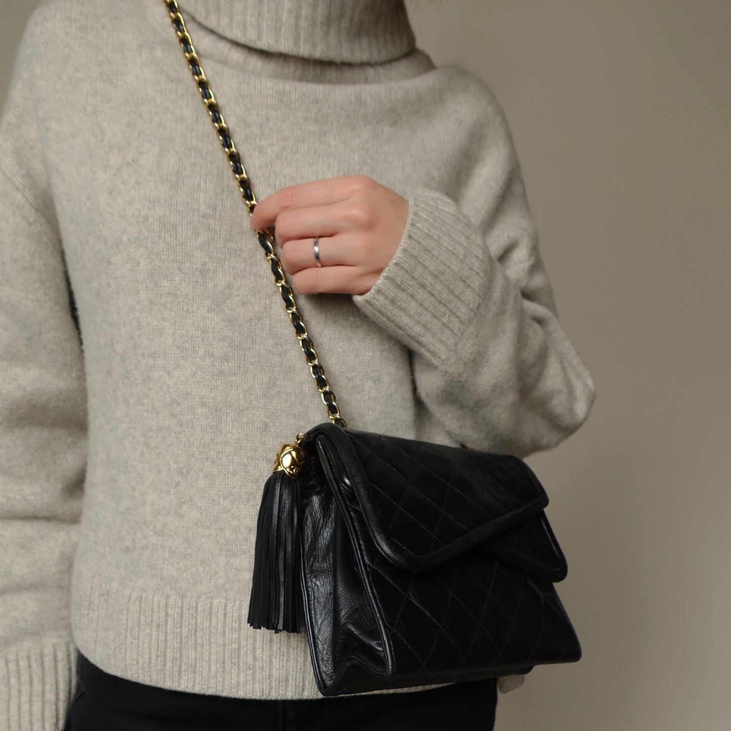 Chanel Vintage Black Lambskin Tassel Asymmetrical Double Flap Bag [3]