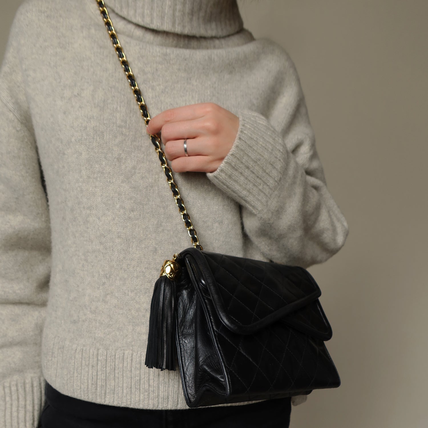 Chanel Vintage Black Lambskin Tassel Asymmetrical Double Flap Bag [3]