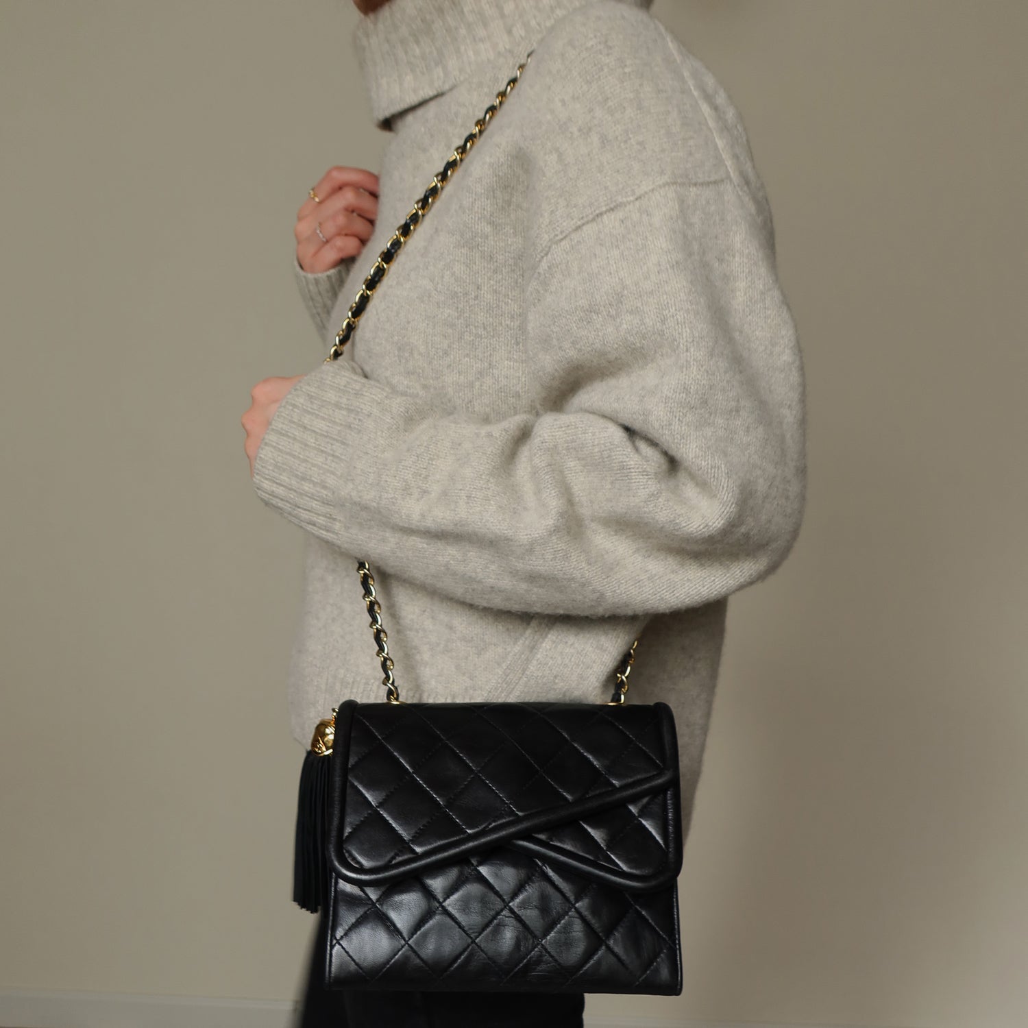 Chanel Vintage Black Lambskin Tassel Asymmetrical Double Flap Bag [3]