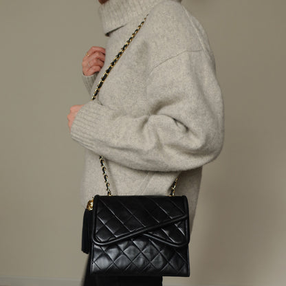 Chanel Vintage Black Lambskin Tassel Asymmetrical Double Flap Bag [3]
