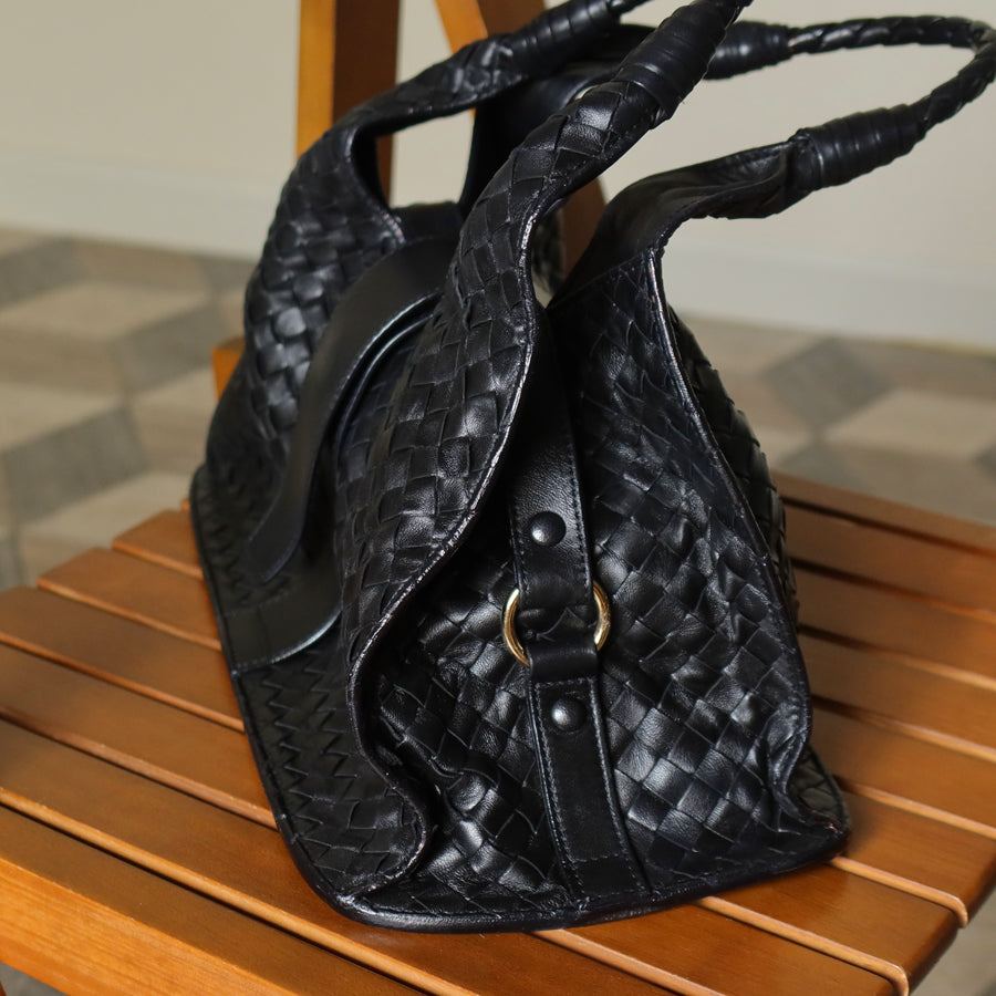 Bottega Veneta Vintage Black Intrecciato Leather Belt Hobo Shoulder Bag