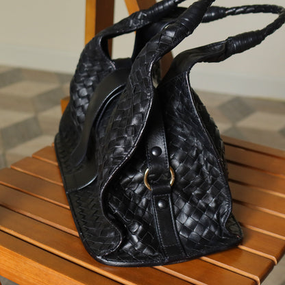 Bottega Veneta Vintage Black Intrecciato Leather Belt Hobo Shoulder Bag