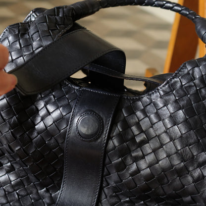 Bottega Veneta Vintage Black Intrecciato Leather Belt Hobo Shoulder Bag