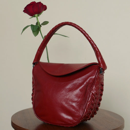 Bottega Veneta Vintage Intrecciato Weave Scarlet Red Half Moon Bag