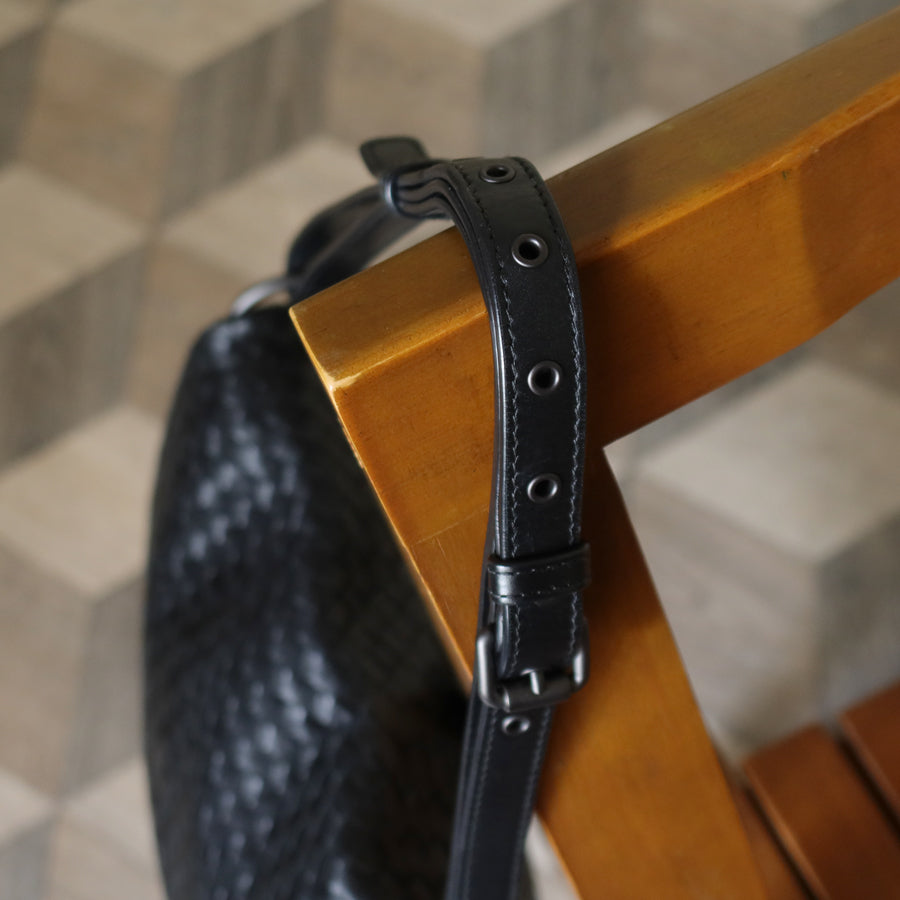 Bottega Veneta Vintage Black Intrecciato Ring Hobo Shoulder Flap Bag