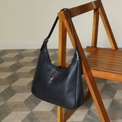 Hermès Vintage '90s Black Clemence Leather Trim II 31 Shoulder Bag