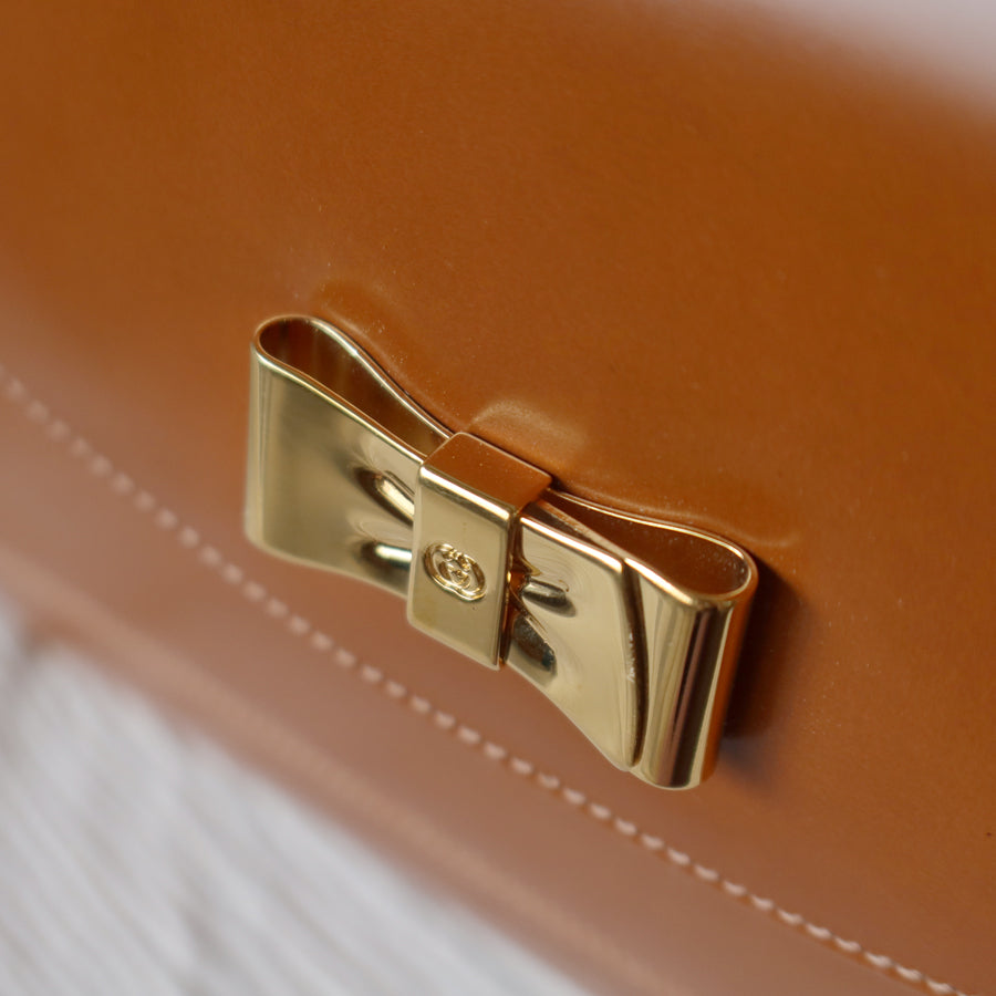 Gucci Vintage Caramel Brown Leather Gold GG Bow Origami Shoulder Flap Bag