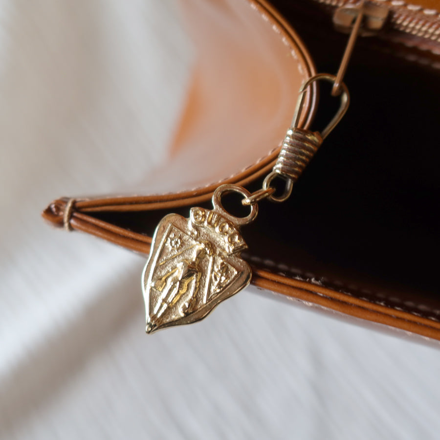 Gucci Vintage Caramel Brown Leather Gold GG Bow Origami Shoulder Flap Bag