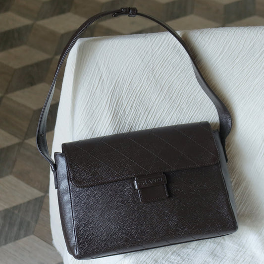 Chanel Vintage Dark Brown Caviar Leather Diamond Stitched Flap Shoulder Bag