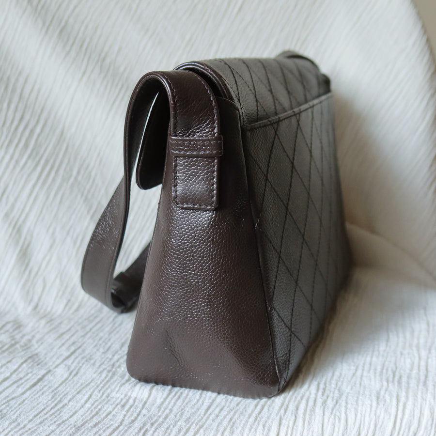 Chanel Vintage Dark Brown Caviar Leather Diamond Stitched Flap Shoulder Bag