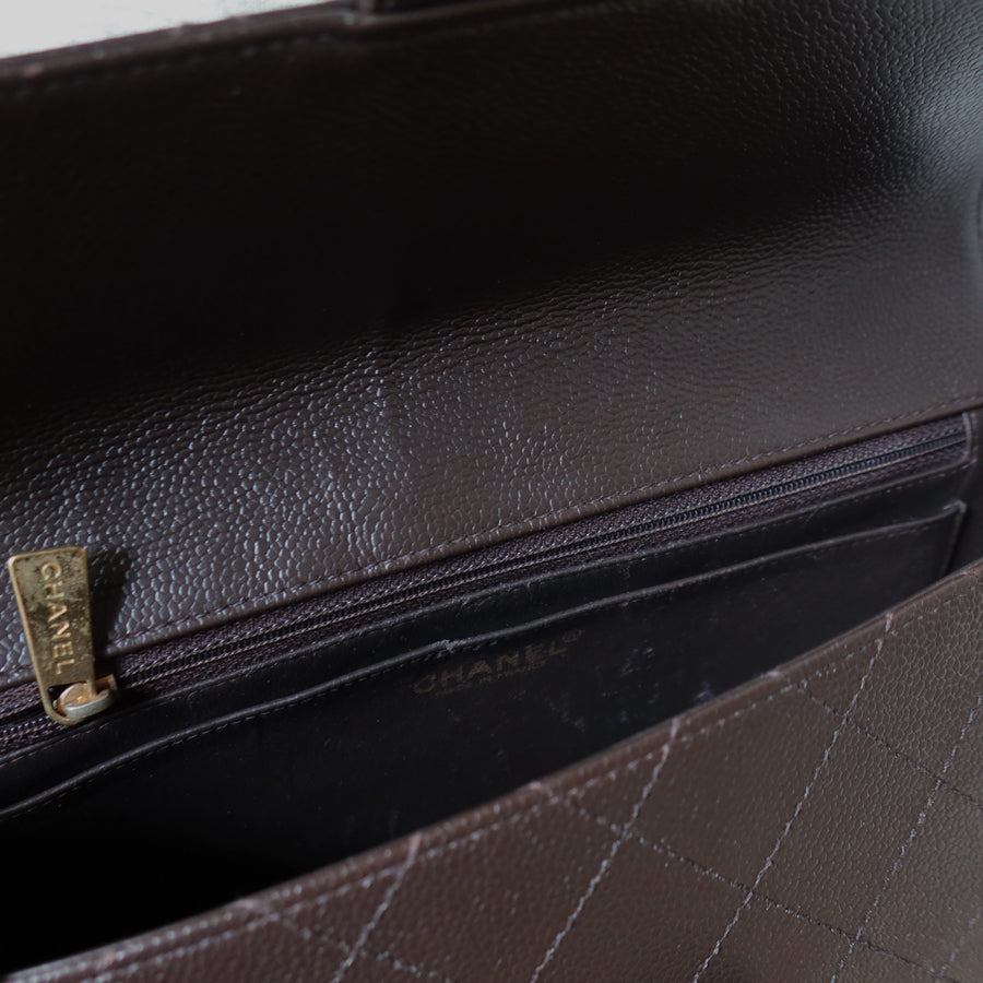 Chanel Vintage Dark Brown Caviar Leather Diamond Stitched Flap Shoulder Bag