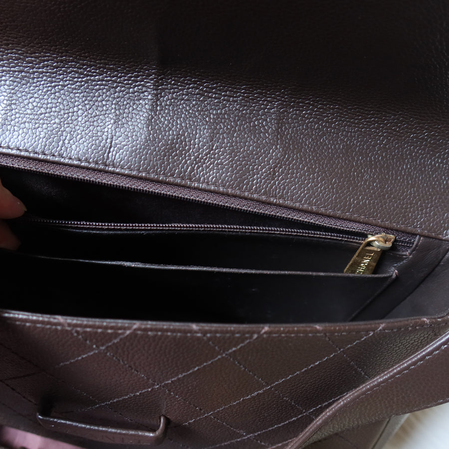 Chanel Vintage Dark Brown Caviar Leather Diamond Stitched Flap Shoulder Bag