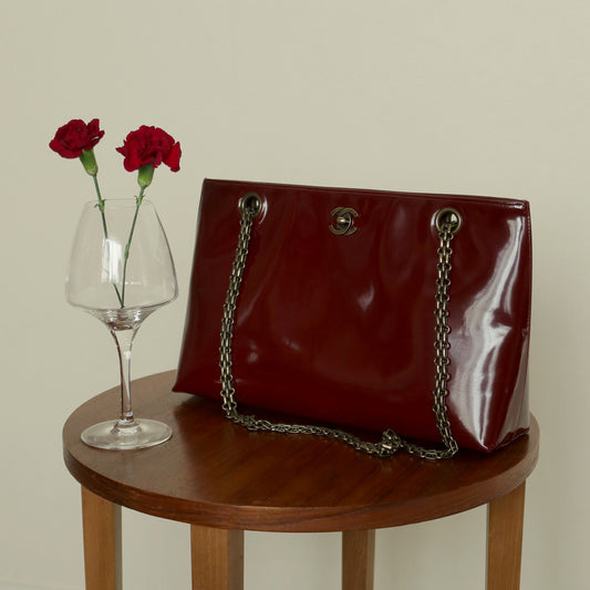 Chanel Vintage Burgundy Patent CC Turnlock Bijoux Chain Shoulder Bag