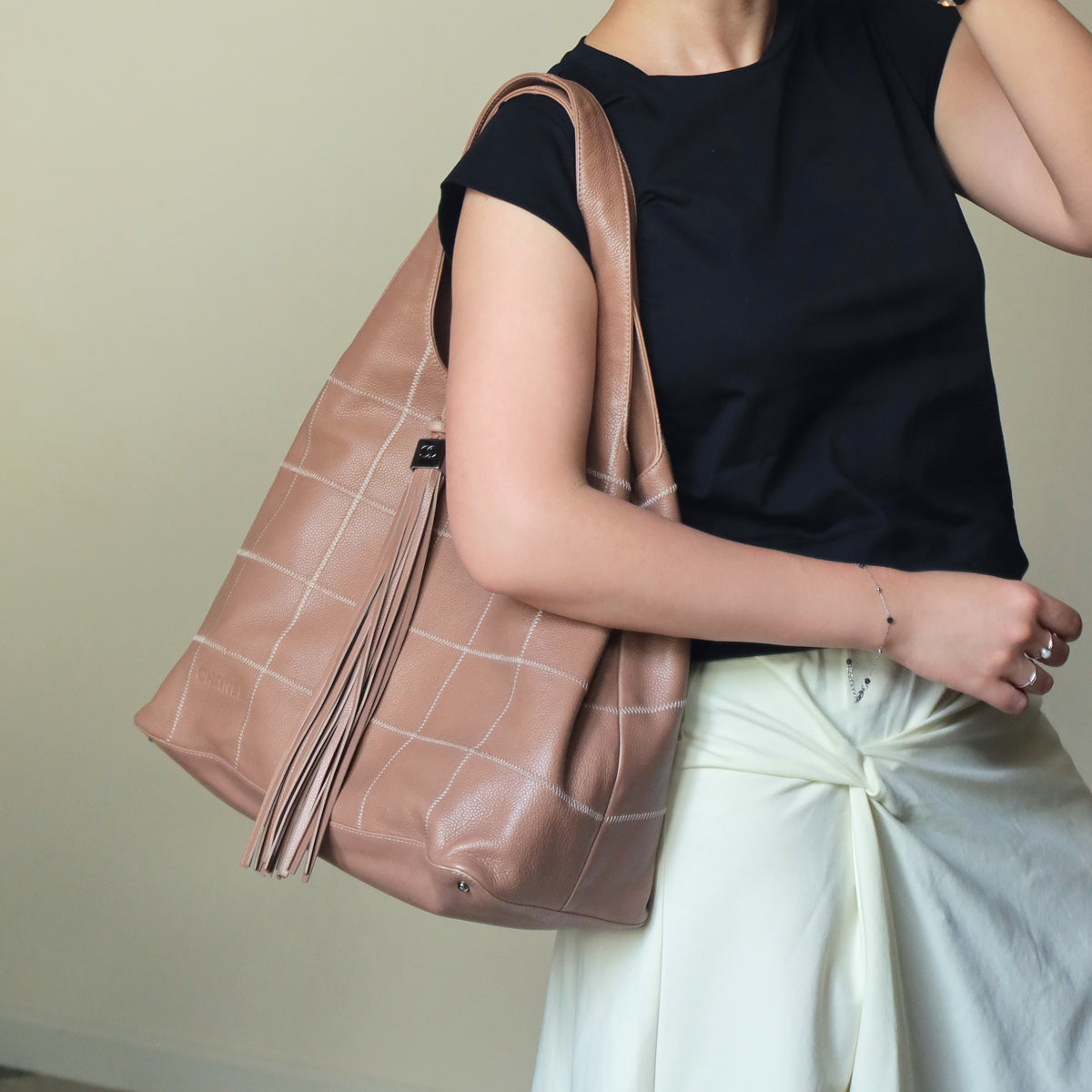 Rare Chanel Vintage Dusty Pink Caviar Leather Block Stitching CC Tassel Hobo Tote Bag