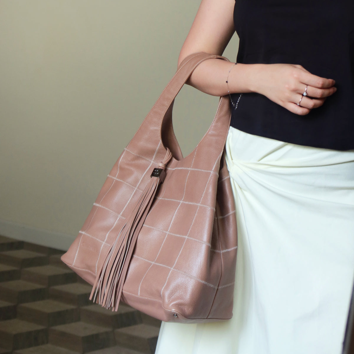 Rare Chanel Vintage Dusty Pink Caviar Leather Block Stitching CC Tassel Hobo Tote Bag