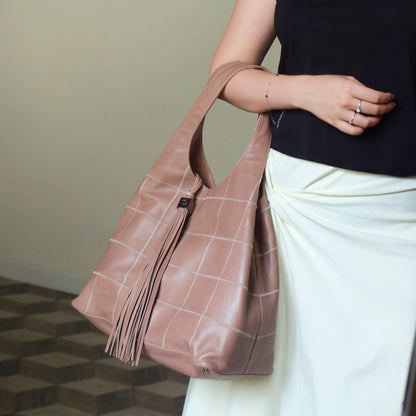 Rare Chanel Vintage Dusty Pink Caviar Leather Block Stitching CC Tassel Hobo Tote Bag