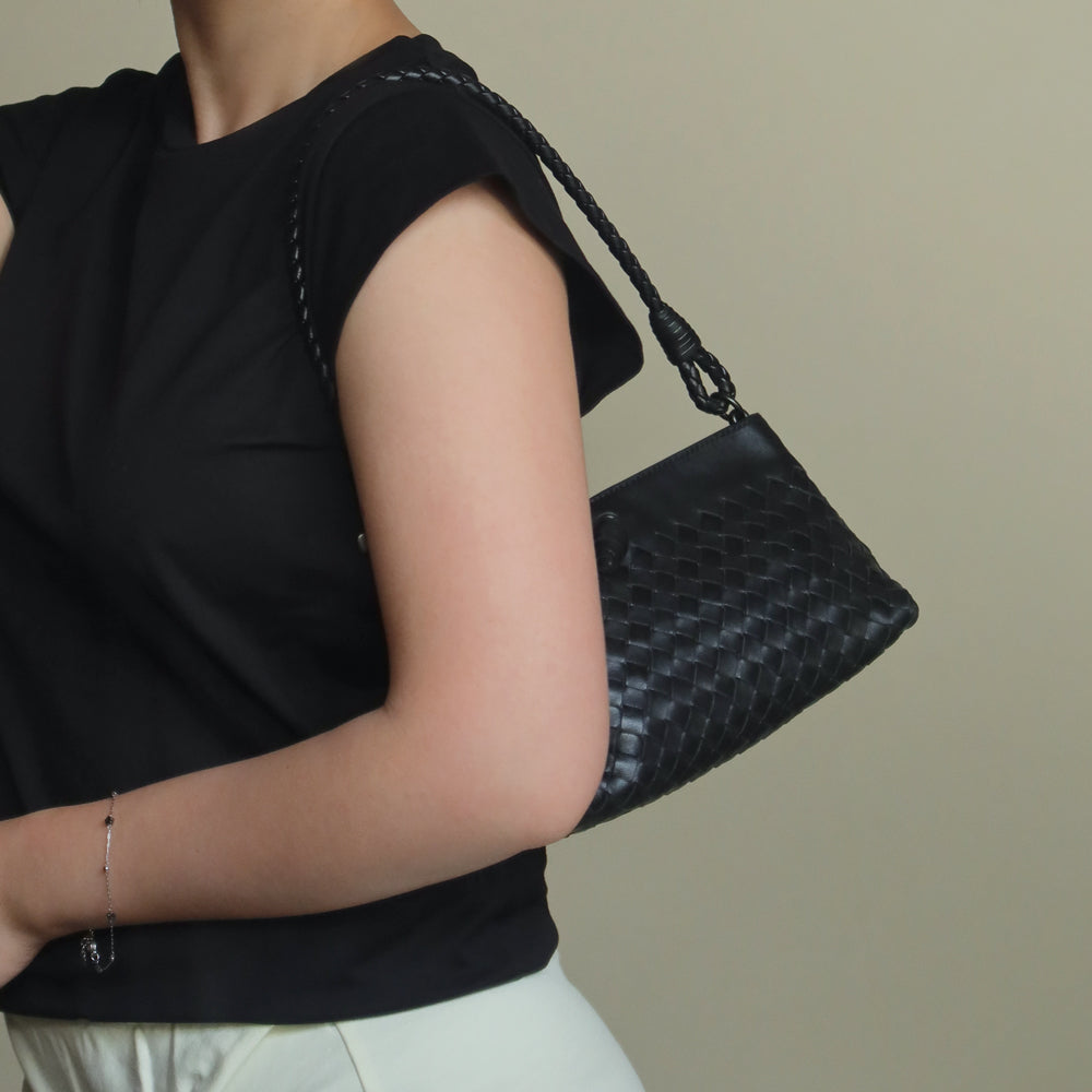 Bottega Veneta Vintage Black Intrecciato Weave Mini Pochette Clutch Shoulder Bag S2
