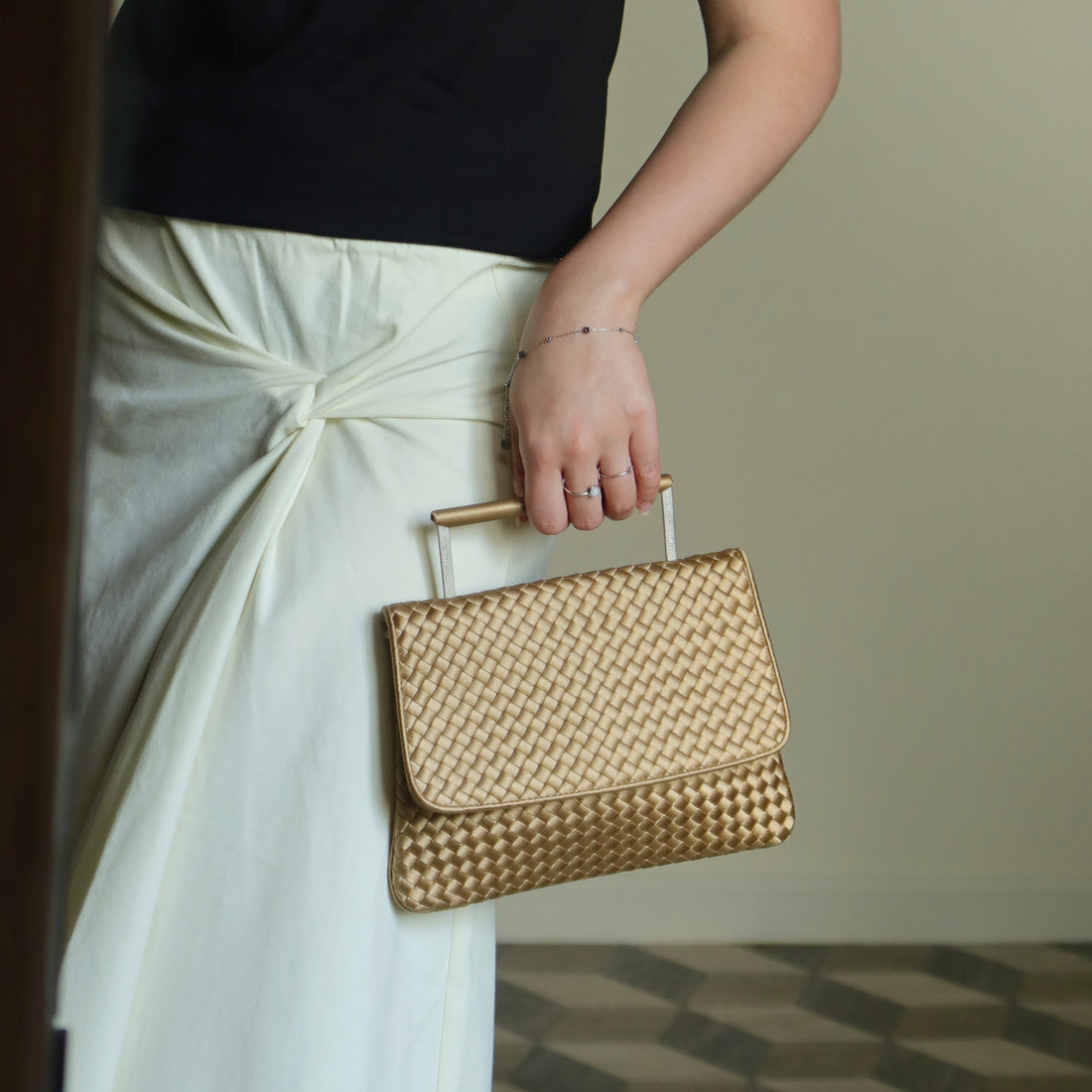 Rare Bottega Veneta Vintage Gold Satin Intrecciato Clutch 2 way Flap Bag