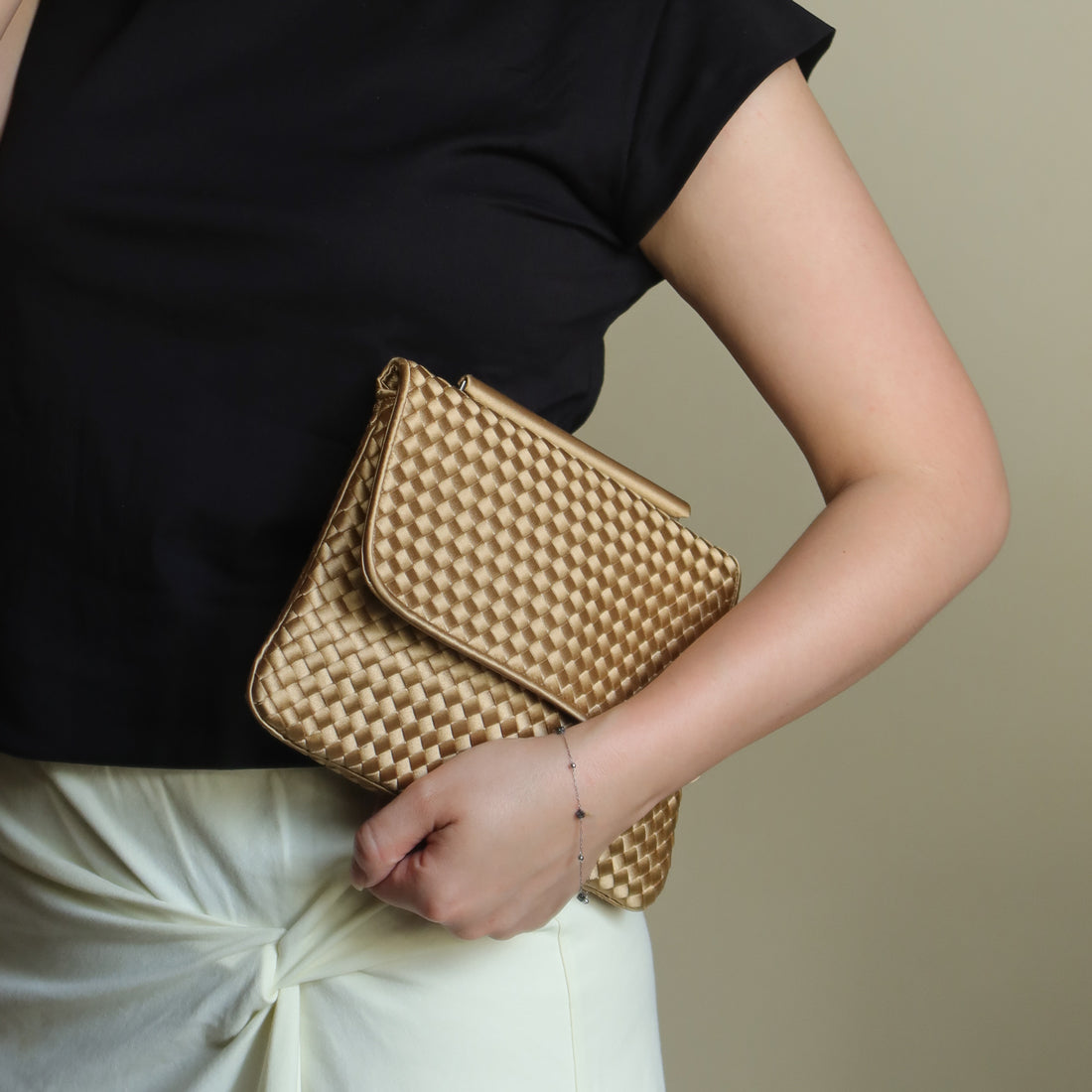 Rare Bottega Veneta Vintage Gold Satin Intrecciato Clutch 2 way Flap Bag