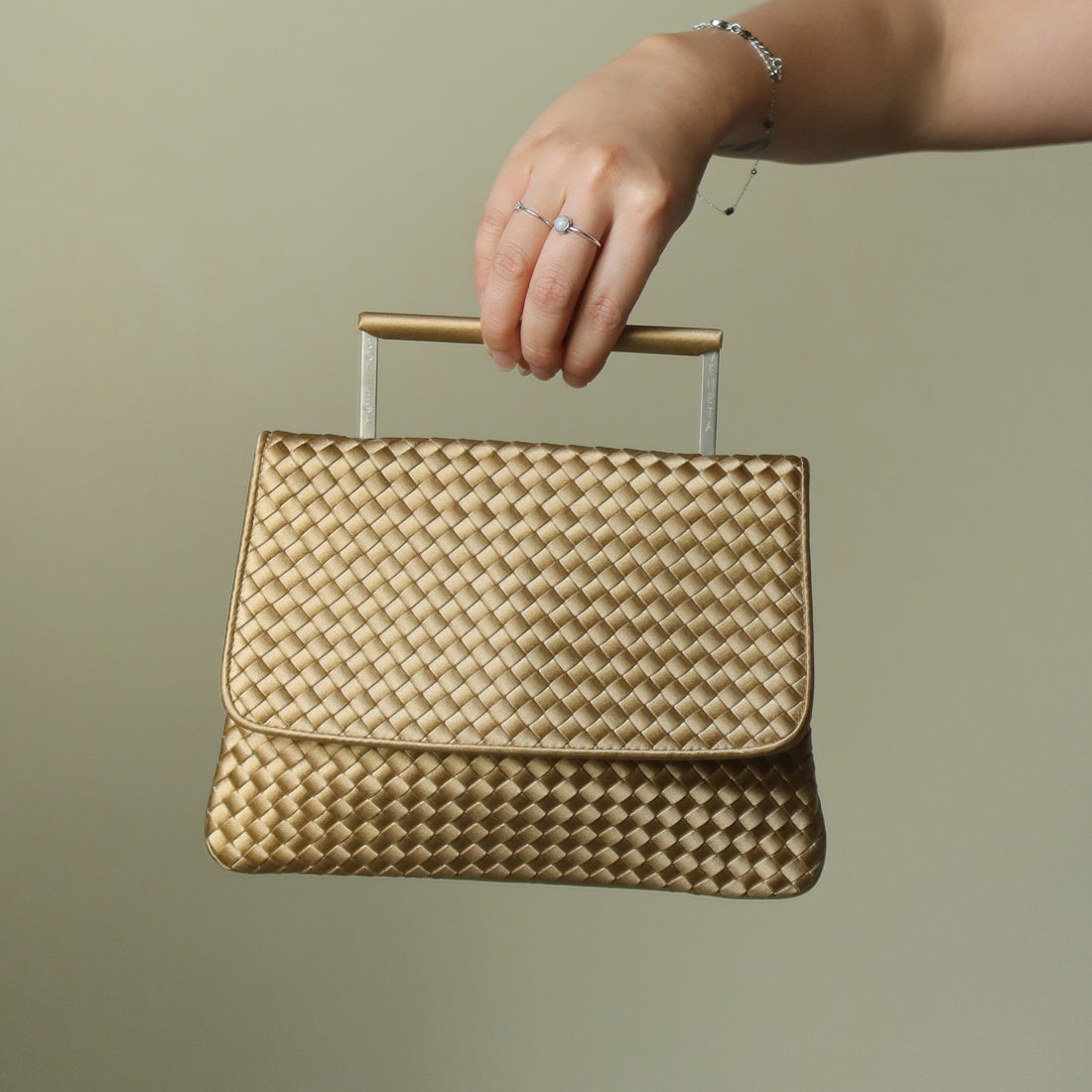 Rare Bottega Veneta Vintage Gold Satin Intrecciato Clutch 2 way Flap Bag
