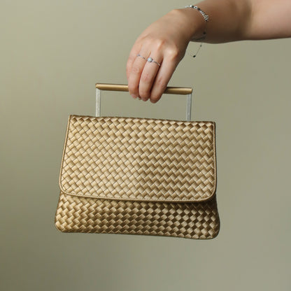 Rare Bottega Veneta Vintage Gold Satin Intrecciato Clutch 2 way Flap Bag