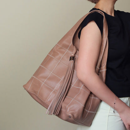 Rare Chanel Vintage Dusty Pink Caviar Leather Block Stitching CC Tassel Hobo Tote Bag