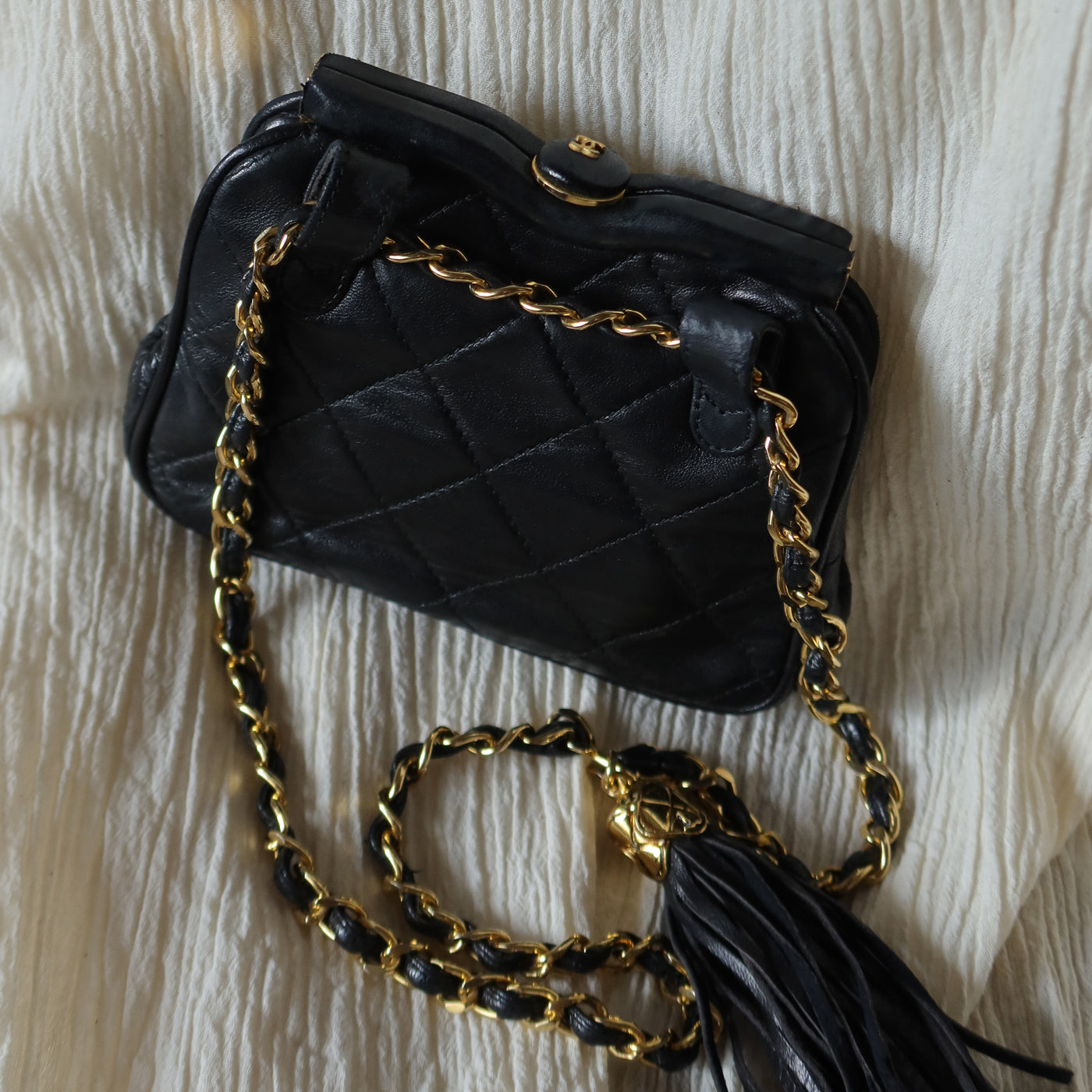 Chanel Vintage Matelasse Black Lambskin Quilted Shoulder & Belt Bag