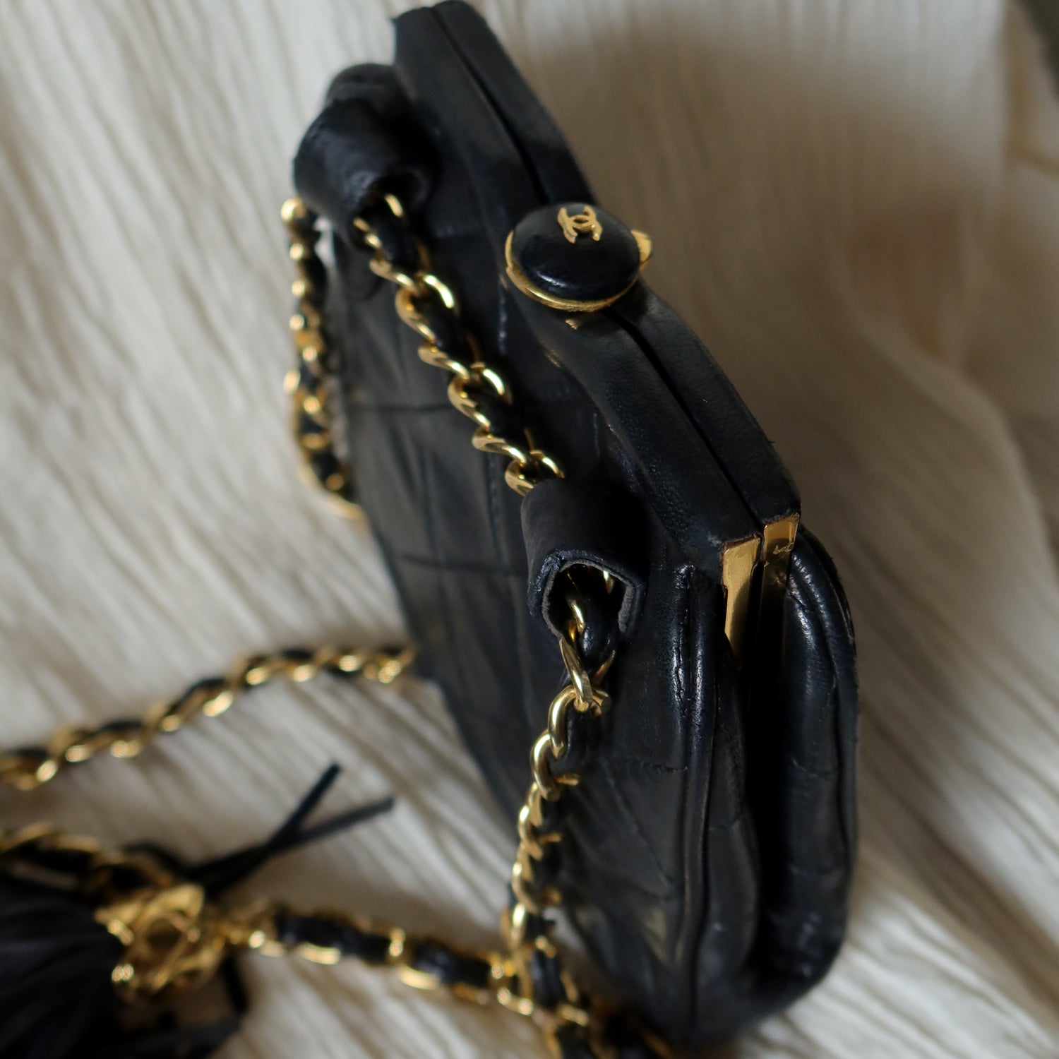 Chanel Vintage Matelasse Black Lambskin Quilted Shoulder & Belt Bag