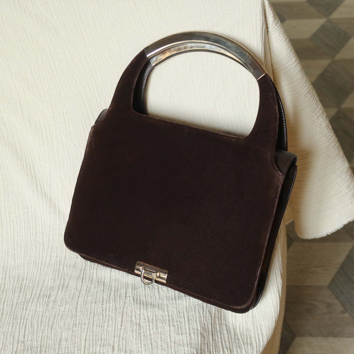 Loewe Vintage Dark Brown Leather Gancini Top Handle Flap Bag