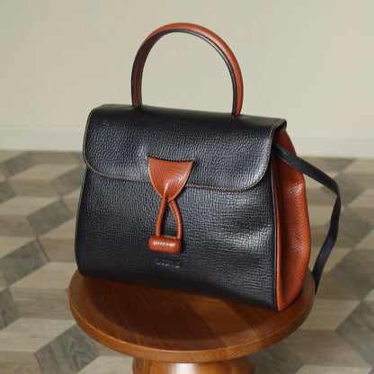Loewe Vintage Black Brown Grained Leather Twisted Knot 2way Shoulder Flap Bag