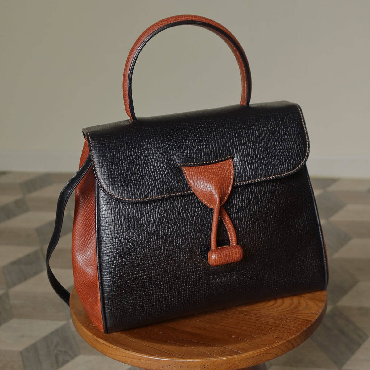 Loewe Vintage Black Brown Grained Leather Twisted Knot 2way Shoulder Flap Bag